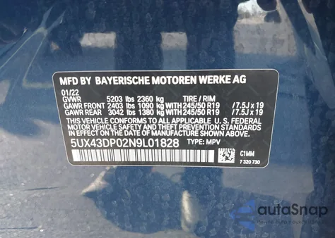 2022 BMW X3 Sdrive30I из США, поврежденный, VIN 5UX43DP02N9L01828